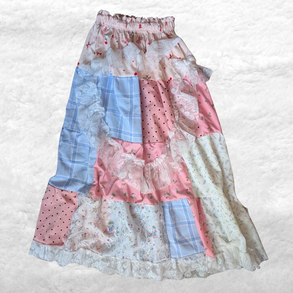 handmade j-fashion patchwork lace ruffle maxi skirt